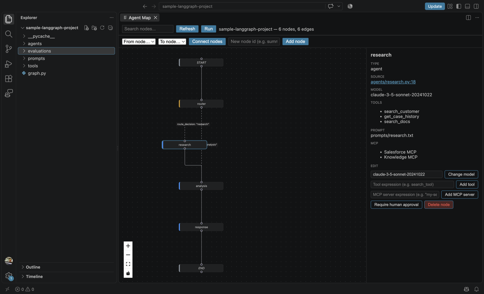 Agent Map graph view showing a LangGraph project's nodes, edges, and an inspector panel with model, tools, prompt, and MCP server metadata