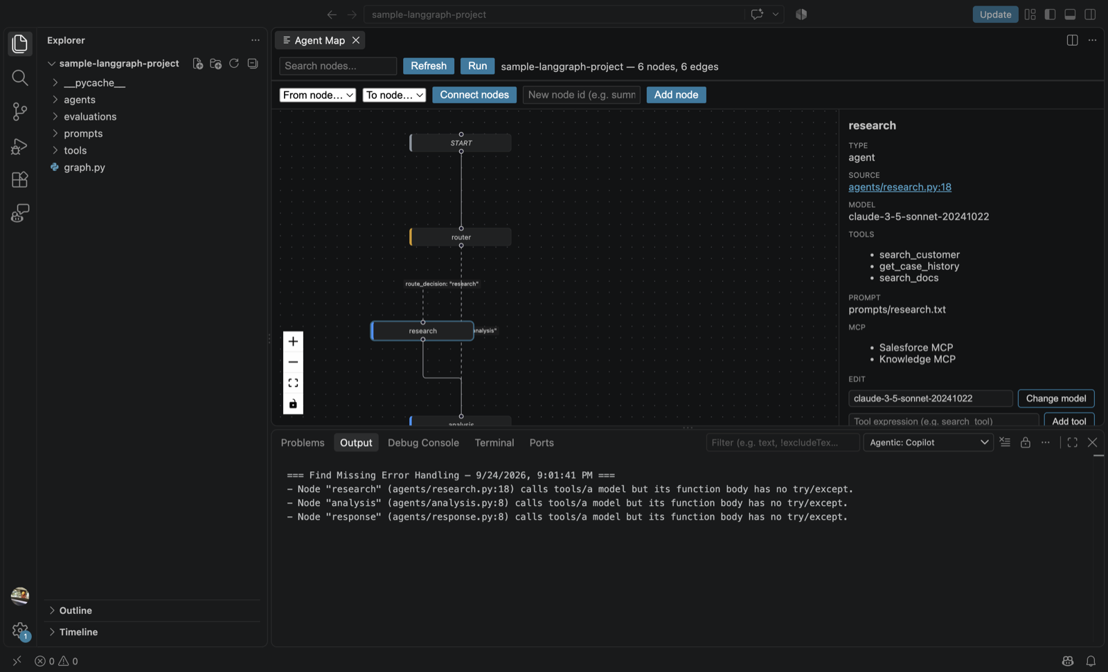 Agentic: Find Missing Error Handling command output in the VS Code Output panel, listing real nodes and file:line locations with no try/except handling