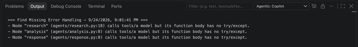 Output panel showing the Agentic: Find Missing Error Handling command result, listing real nodes and file:line locations with no try/except handling