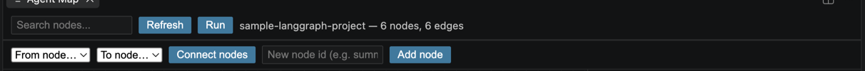 Agent Map toolbar showing Search nodes, Refresh, and Run buttons